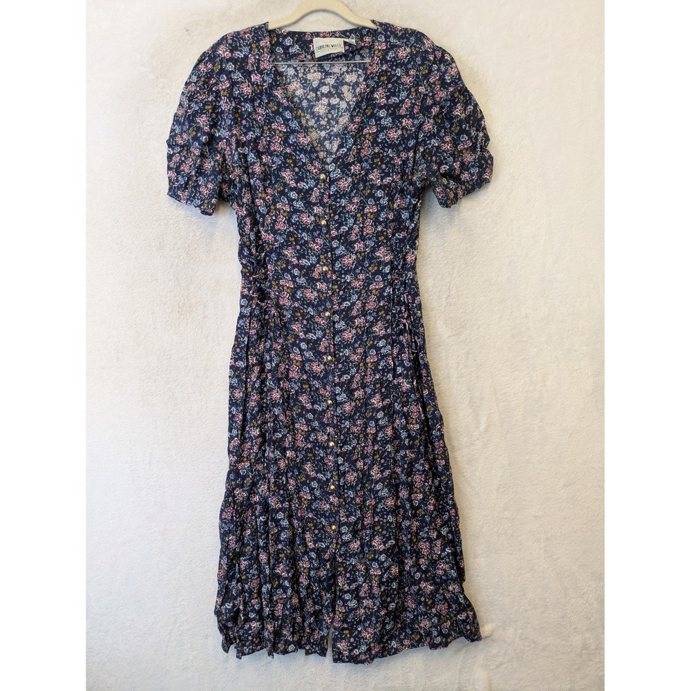 Caroline Wells Dress Women's 16 Navy Floral Button Front Puff Sleeve Midi Rayon